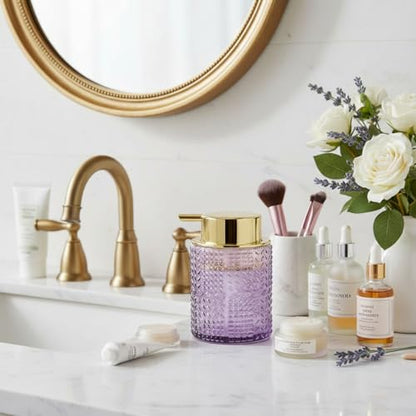 Foaming Soap Dispenser, Purple Glass Foam Soap Dispenser with Gold Pump, Refillable 10oz Lotion Liquid Container Pump Bottle for Bathroom Kitchen Countertop - color: Purple