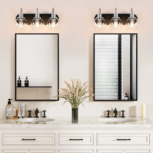 Dpyrrhic Modern 3-Light Vanity Light, Bathroom Lighting Fixture Over Mirror With Clear Glass Shade and Metal Base, Matte Black and Brushed Nickel - color: Black & Brushed Nickel, size: 3-Light