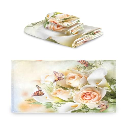 Towel Bathroom Sets, Bouquet Yellow Roses And White Calla Lilies Butterfly Towels 3-Piece 1 Bath Towel 1 Washcloth 1 Hand Towel, Bath Towel Set of 3 Soft Multifuntion for Home Kitchen Hotel Gym Swim S - color: Multi06