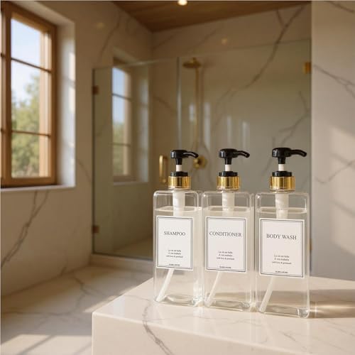 Modern Gold Design Shampoo and Conditioner Dispenser, Large 27oz Shower Soap Dispenser, Set of 3 Refillable Empty Plastic Pump Bottles for Bathroom (6 Waterproof Labels Included), (Clear & Black) - color: Clear & Black