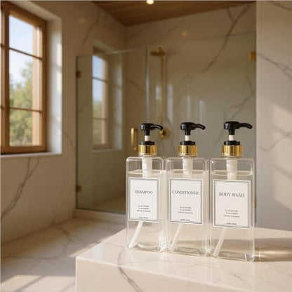 Modern Gold Design Shampoo and Conditioner Dispenser, Large 27oz Shower Soap Dispenser, Set of 3 Refillable Empty Plastic Pump Bottles for Bathroom (6 Waterproof Labels Included), (Clear & Black) - color: Clear & Black