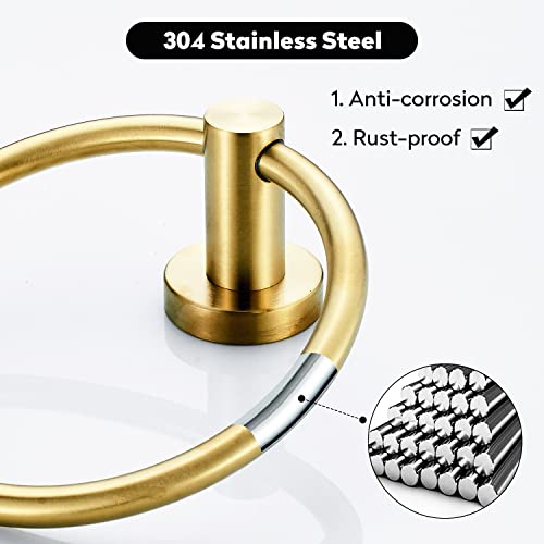 BATHSIR Brushed Gold Toilet Paper Holder & Hand Towel Holder Wall Mount 2 Pieces, Single Post Pivoting Round Modern Bathroom Hardware Towel Ring Toilet Tissue Holder, Bathroom Accessories Set - color: Gold 3