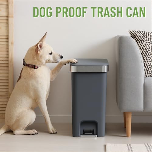 Bathroom Trash Can with Lid, 2.6 Gallon /10 Liter Small Garbage Can, Press Top Bin & Step Metal Pedal Trash Bin Plastic Wastebasket for Bedroom, Office, Kitchen, Dorm (Black Gray) - color: Dark Gray-1 Pack