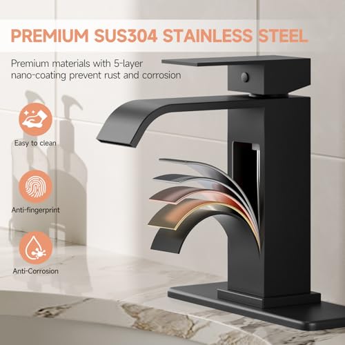Matte Black Bathroom Faucets Evolvegoods Modern Waterfall Bathroom Faucet | Single Handle 1 or 3 Hole Bathroom Sink Faucet RV Mixer Tap Vanity Faucet with Deck Plate Pop-up Drain and Supply Lines - color: Matte Black