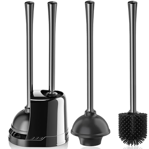 LOVLOY Toilet Plunger and Brush, Silicone Bowl Brush and Heavy Duty Toilet Plunger Set with Ventilated Holder, 2-in-1 Toilet Brush and Plunger Combo for 5.3-inch Toilet Drain Bathroom Cleaning - color: Black