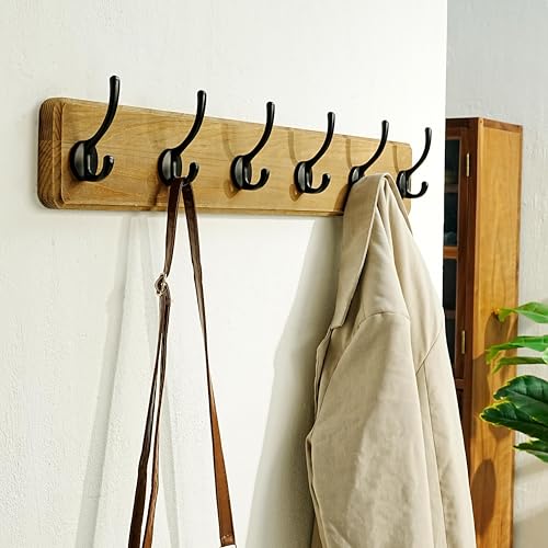 Coat Rack Wall Mount: 24" Long, Patented, Heavy-Duty, 6-Double-Hooks Wooden Hanger Hook Rail for Winter Coats Hat Jacket Clothing, Weathered Brown - color: Weathered Brown & Black, size: L=24"(1pcs)
