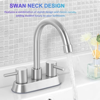 Bathroom Faucet for 3 Hole Brushed Nickel, Herogo 4 Inch 2-Handle Bathroom Sink Faucet with Pop-Up Drain and Supply Hoses, 18/10 Stainless Steel Faucets for RV Vanity - color: Brushed Nickel, style: Round Handles