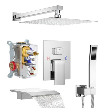 Shower System with 10-Inch Rain Head and Tub Spout | All-Metal Tub Shower Faucet Set, Wall Mounted Rain Showerhead, Handheld Spray, Includes Valve and Trim Kit, Polished Chrome - color: Polished Chrome, style: 10"-With Tub Spout