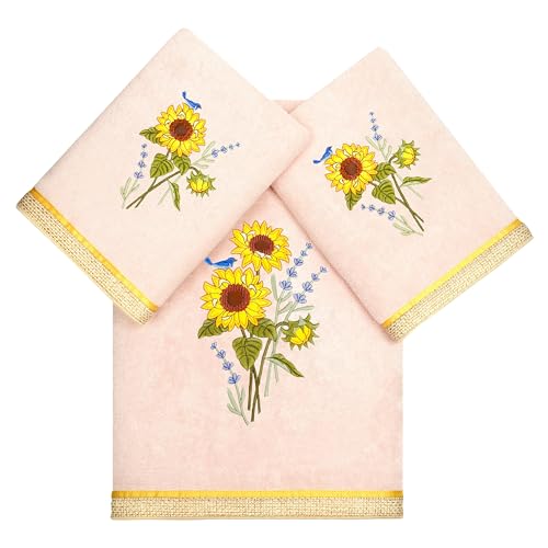 Jubilant 3-Piece Towel Set, Embroidered Sunflower & Lavender, 100% Turkish Cotton, Super Absorbent, Country Charm Decor, 1 Bath 2 Hand Towels, Blush - color: Blush, size: 1 Pc Bath 2 Pcs Hand Towel