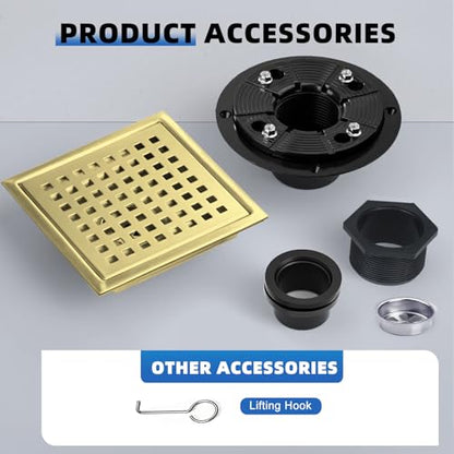 Gold Shower Drain 6 inch with Flange, Square Shower Drain with Removable Grate Cover, SUS 304 Stainless Steel, Brushed Gold - color: Brushed Gold, size: Square surface