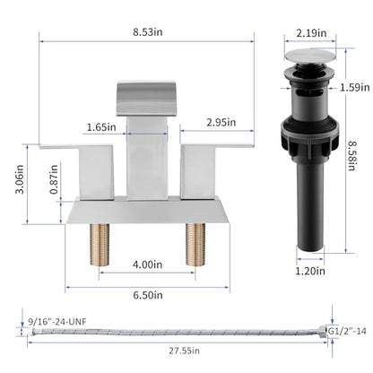 Brushed Nickel Waterfall Bathroom Faucet - 4Inch 2 or 3 Holes Centerset Faucet Bathroom | Two Handles RV Lavatory Basin Vanity Sink Faucets with Overflow Pop-up Drain Assembly & Supply Lines - color: B-Brushed Nickel 4In