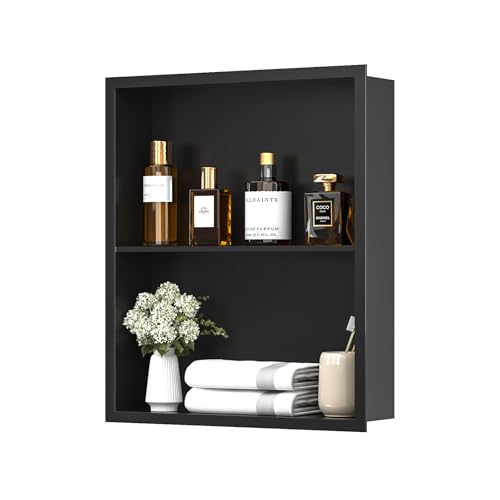 14x18 Recessed Medicine Cabinet, Bathroom Wall Cabinet, 304 Stainless Steel Recessed Wall Niche with 2-Tiers Shelves, Matte Black - color: Matte Black, size: 14'' x 18''