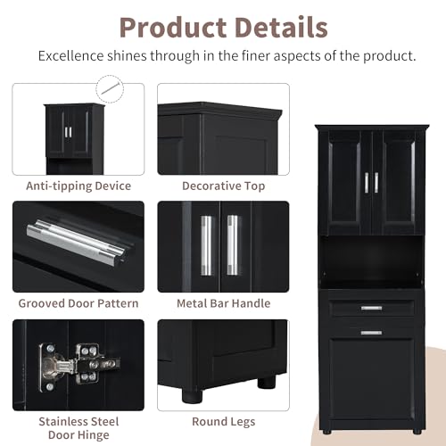 JIVOIT 70" H Tall Bathroom Cabinet with Laundry Basket, Double Cabinets with Doors and Open Storage Space, Tilt-Out Laundry Hamper and Upper Storage Cabinet (Black * 102) - color: Black * 102