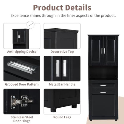 JIVOIT 70" H Tall Bathroom Cabinet with Laundry Basket, Double Cabinets with Doors and Open Storage Space, Tilt-Out Laundry Hamper and Upper Storage Cabinet (Black * 102) - color: Black * 102