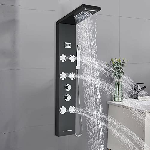 LED Light Shower Panel Tower Rainfall Waterfall Shower Head with Massager Jets Body System Jet Black B (Color : Black G) - color: Black G
