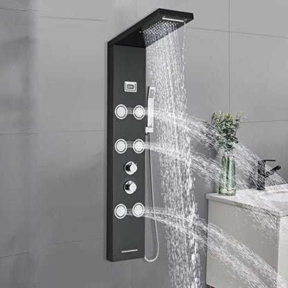 LED Light Shower Panel Tower Rainfall Waterfall Shower Head with Massager Jets Body System Jet Black B (Color : Black G) - color: Black G