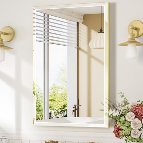 MZON 24x36 Bathroom Vanity Mirror for Wall with Beveled Edge, Ultra-Thin Metal Frame HD Mirror, Rectangular Wall Mounted Mirror for Bathroom Sink, Vertical or Horizontal, Gold - color: Gold, size: 24"L x 36"W