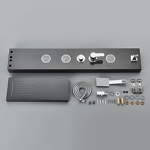 AlenArt Shower Panel Tower System, Multi Function Shower System with Body Jets, Handheld Sprayer, Rainfall Waterfall Shower Head and Tub Spout Stainless Steel Wall Mount Shower Panels Black - color: Black