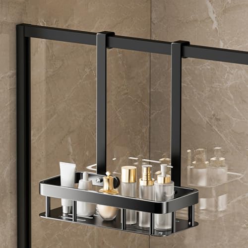 No Drilling Hanging Shower Caddy Over Door Black Iron Shower Holder | Single Layer Wall Mounted Storage Rack Shelf Basket With Hooks Soap Tray Large Stainless Steel Shower Caddy 11.6x5.3x13"