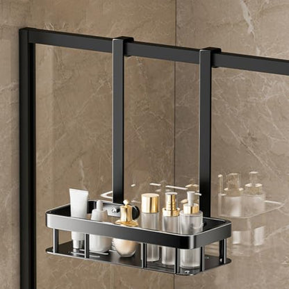 No Drilling Hanging Shower Caddy Over Door Black Iron Shower Holder | Single Layer Wall Mounted Storage Rack Shelf Basket With Hooks Soap Tray Large Stainless Steel Shower Caddy 11.6x5.3x13"