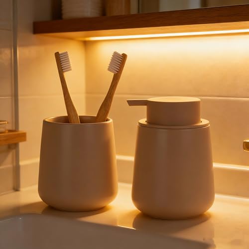 Bosilunlife 12Oz Ceramic Foam Soap Dispenser for Bathroom Kitchen Counter | Premium countertop foam pump creates delicate dense foam, stable desktop placement, Khaki - color: Khaki