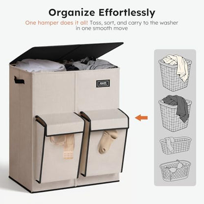 SOLEDI 180L Double Laundry Hamper with Lid and 2 Side Pockets, Dual Hamper | 2 Section Laundry Basket, Removable & Washable Laundry Bags, 180L Large Capacity, for Bedroom, Bathroom, Laundry Room, Dorm - color: Light taupe