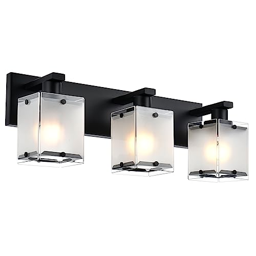 3-Lights Bathroom Light Fixture Over Mirror, Modern Black Wall Sconce Vanity Lighting Fixtures with Rectangular Frosted Glass Shade for Bathroom Kitchen Bedroom, E26 Bulb Base - color: Black, Frosted Glass, size: 3-Lights
