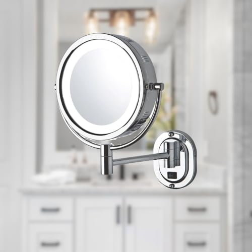 JERDON Two-Sided Lighted Wall-Mounted Makeup Mirror - Makeup Mirror with 5X Magnification & Wall-Mount Arm - 8-Inch Diameter Mirror with Chrome Finish Wall Mount - Model HL165CLD