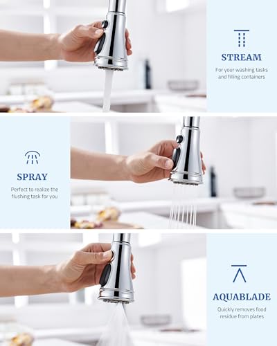 Kitchen Faucet Spray Head Replacement with 15 Adapters, 3-Function, Chrome | Pull Down Faucet Sprayer Head, Easy to Install, Compatible with Delta Moen Kohler, 3 Modes, for Kitchen Sink Faucet - color: Chrome