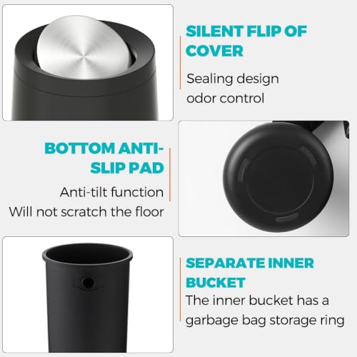 2.1 gallon/8L Black Trash Can,Waste Basket with Swing Cover,Metal,Stainless Steel,Large Capacity Garbage Can,for Bathroom,Living Room,Bedroom,Office,Hotel,Cafe - color: 32A black-8L