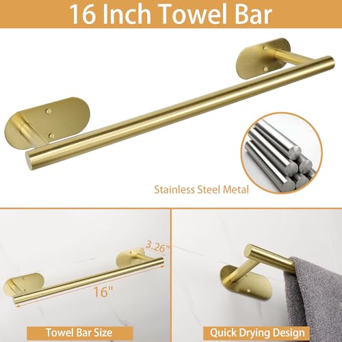 TocTen 5 Pieces Wall Mounted or Self Adhesive Towel Bar Set, Stainless Steel Bathroom Hardware Set Include 16″ Towel Rack, Toilet Paper Holder, 3 Towel Hook, Sticky Bathroom Accessory Kit (Gold) - color: Brushed Gold