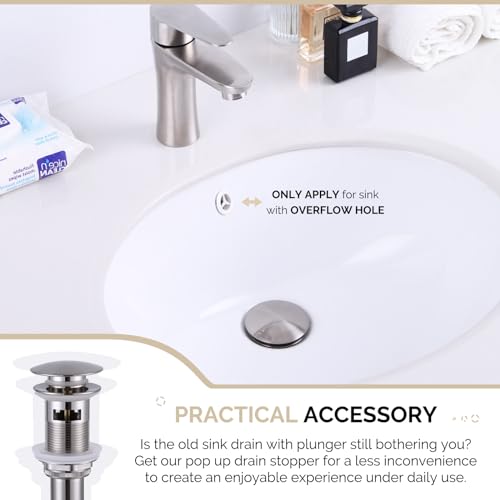 Angle Simple Bathroom Sink Stopper, Brass Pop Up Sink Drain, Brushed Nickel | Only for Sink with Overflow Hole, Fit Drain Hole with 1.61 to 2 Inches Diameter, Fast Drainage - color: Brushed Nickel