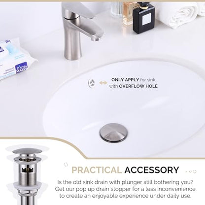 Angle Simple Bathroom Sink Stopper, Brass Pop Up Sink Drain, Brushed Nickel | Only for Sink with Overflow Hole, Fit Drain Hole with 1.61 to 2 Inches Diameter, Fast Drainage - color: Brushed Nickel
