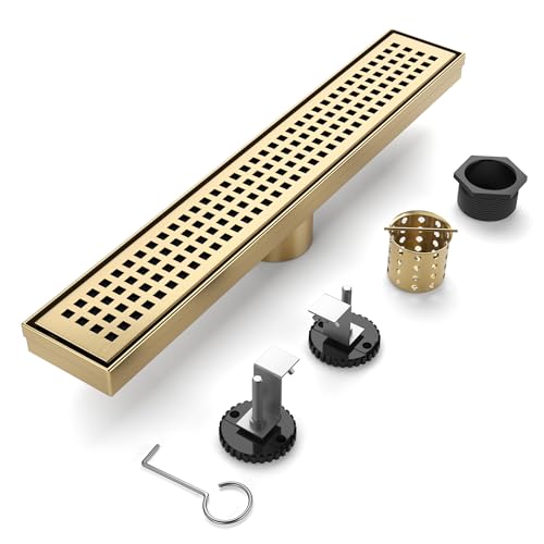 Linear Shower Drain - 12 Inch Brushed Gold, with Grate Removable | AISI 304 Stainless Steel Shower Drain with Adjustable Feet, Hair Catcher, Rectangle Shower Floor Drain Fits Bathroom, Balcony - color: Brushed Gold, size: 12 Inch