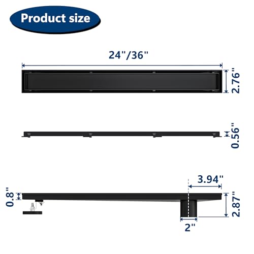 Neodrain 24In Offset Linear Shower Drain w/Tile Insert Grate Cover, Black | 304 Stainless Steel Rectangle Side Outlet Shower Floor Drain, Adjustable Leveling Foot, Hair Strainer/Catcher - color: Matte Black-tile Insert Cover, size: 24 IN