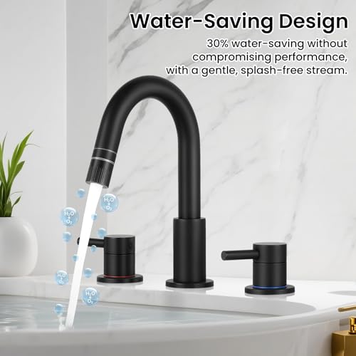 Pull-Down Bathroom Faucet 3 Hole 8 Inch with Pop-Up Drain Matte Black | 360° Swivel Spoutr & Dual Modes,8" Widespread 2-Handle, Pop-Up Drain & 10-Min Install for 3-Hole Bathroom Sink Faucets - color: Matte Black