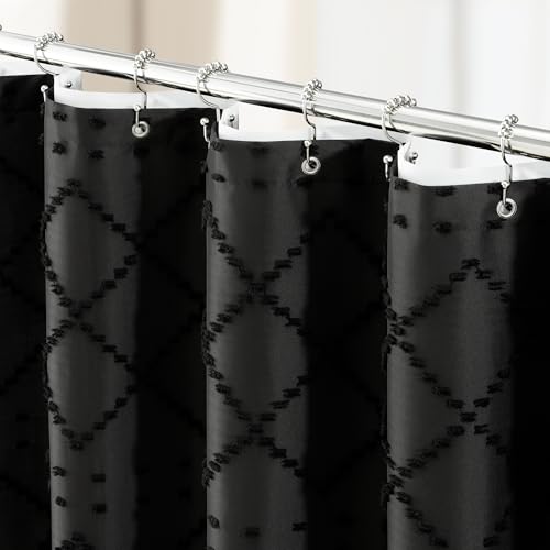 Stall Shower Curtain and Liner Set - 36 x 72 inch Half Boho Shower Curtain and Waterproof Clear Liner, Tufted Geometric Striped Tassel Shower Curtains for Bathroom, 6 Hooks, 36x72, Black - color: Black, size: 36"W x 72"L (Pack of 1)