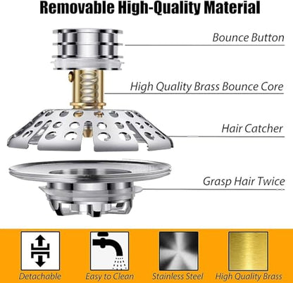 ADorCD Bathtub Drain Stopper with Hair Catcher, Pop Up Tub Stopper and Cover, Universal for 1.45 to 1.8in Drain, Chrome Silver, 0002