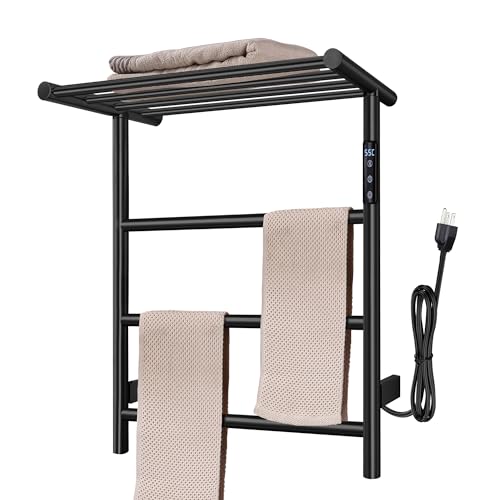 Towel Warmer Wall Mounted with 3 Electric Stainless Steel Heated Bars, Hot Towel Rack for Bathroom, Plug-in BathTowel Heater with Built-in Timer, Matte Black