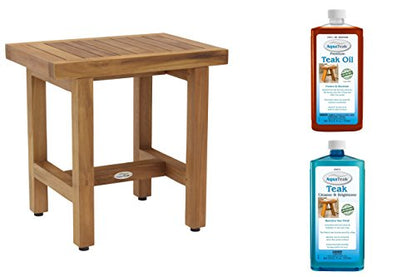 AquaTeak Spa Lotus 18" Teak Shower Bench & Two-Step Care Kit | Durable, Water-Resistant Teak, Shower Chair & Shaving Foot Rest, Indoor/Outdoor Use - size: D. Bench w/ Care Kit