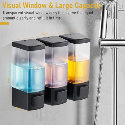 Pollock Shampoo and Conditioner Dispenser 3 Chamber * 500ML | Shower Soap Dispenser Wall Mounted, Body Wash Dispenser No Drill, Refillable Shower Dispenser for Bathroom - color: Blk-zt-53-b3