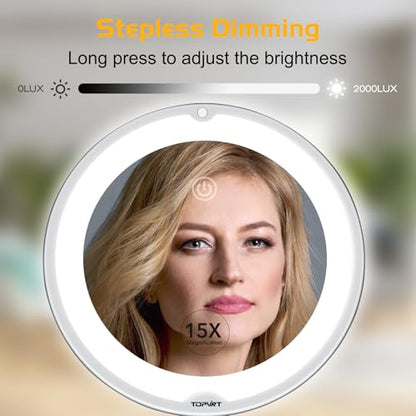 Flexible 15X Magnifying Suction Mirror - Dimmable LED Vanity Mirror, Power Suction Cup, Portable for Home Bathroom - Ideal for Detailed Makeup Eyeshadow Eyeliner (Large)