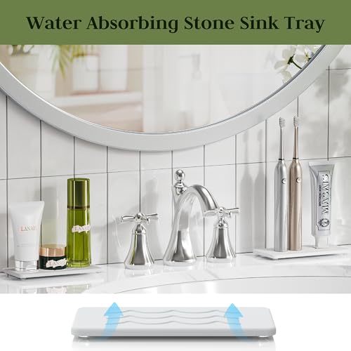 Kitchen Stone Sink Caddy, 2pcs Water Absorbing Stone Tray, Quick-Drying Faucet Mats, Diatomite Bathroom Counter Tray, Soap Dispenser Sponge Holder, Kitchen Sink Organizer (with Non-Slip Feet) - color: White