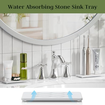 Kitchen Stone Sink Caddy, 2pcs Water Absorbing Stone Tray, Quick-Drying Faucet Mats, Diatomite Bathroom Counter Tray, Soap Dispenser Sponge Holder, Kitchen Sink Organizer (with Non-Slip Feet) - color: White
