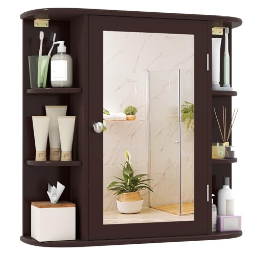 Tangkula Bathroom Medicine Cabinet with Mirror, Modern Wall Mounted Space-Saving Storage Organizer with Mirrored Door, 4 Internal Shelves & 6 Open Side Shelves, Bathroom Wall Cabinet (Coffee) - color: Coffee