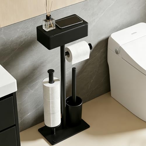 Freestanding Toilet Paper Holder Stand with Shelf, Drawer, 7-Roll Capacity | Black rustproof metal bathroom tissue holder with wipes drawer, top shelf and weighted non-slip base, stores up to 7 rolls - size: Style 2