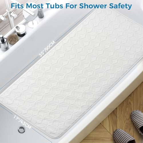 Non-Slip Rubber Bathtub Mat with Suction Cups, 17 × 35 Inch (White) | 100% Rubber, Leaf Texture. Vacuum Suction Cups. Soft on Touch. BPA/PVC-Free. Machine Wash. Safe For Bath, Shower, Pet Dogs. - color: White (Opaque), size: 35" x 17" (Rectangular)