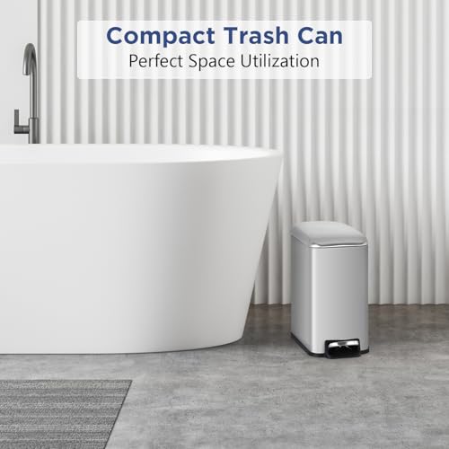 BestOffice Bathroom Trash Can with Lid, 1.3 Gallon Step Pedal Small Trash Can, Stainless Steel Trash Bin for Bathroom, Bedroom, Kitchen, Office (5L) (1 Pack) - color: Stainless Steel