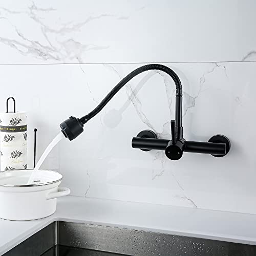 Wall Mount Faucet 8"" Center, Black Sink Mixer Tap, Laundry Utility Faucets | 304 Stainless Steel Constructed, Rotatable, 2-Function Sprayer ,Flexible Hose - color: Black