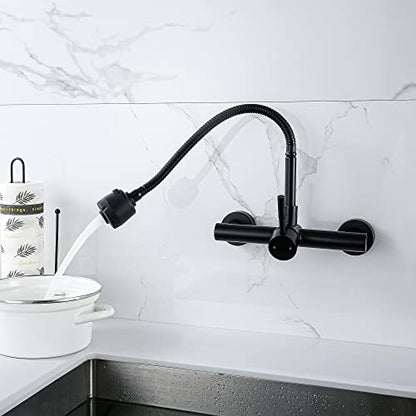 Wall Mount Faucet 8"" Center, Black Sink Mixer Tap, Laundry Utility Faucets | 304 Stainless Steel Constructed, Rotatable, 2-Function Sprayer ,Flexible Hose - color: Black